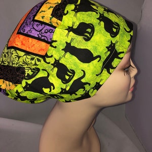 Euro Scrub Hat Halloween Black Cats Combo Chevron adjustable CRNA CNOR Dr Scrub Cap Surgeon Xray