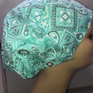 Euro Scrub Hat Calico Bandana Cowgirl Paisley Aqua Toggle Adjustable Cap CRNA CNOR Biker Chef Xray