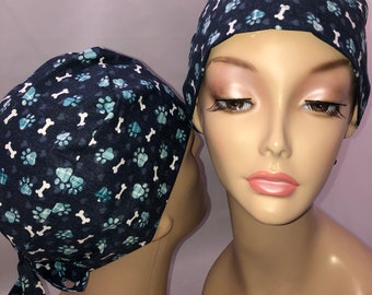 Tie Back Scrub Hat Dog Treats Paws Hearts CRNA CNOR Dr Skull Scrub Cap Surgeon