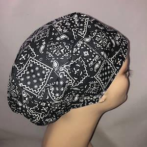 Euro Scrub Hat Calico Bandana Cowgirl Paisley Black Toggle Adjustable Cap CRNA CNOR Biker Chef Xray