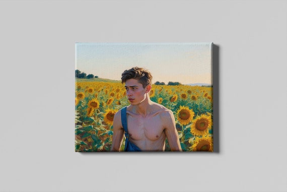 Handsome boy digital oil painting sunflowers painting / canvas. Canvas print 60x40 cm, 90x60 cm and 120x80 cm. Canvas sunflower boy.
