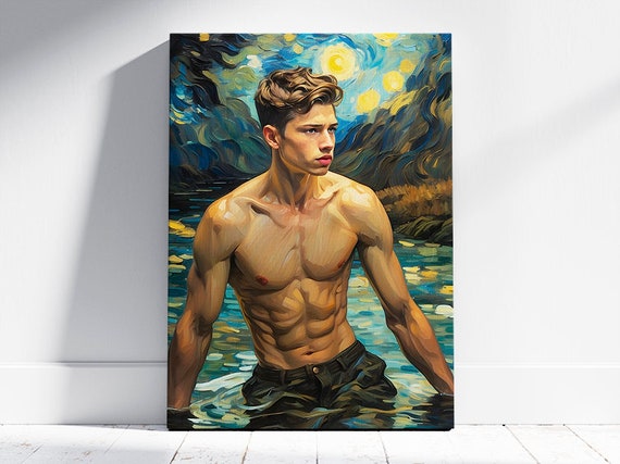 Picture/Canvas Sexy boy Lake, gay men art, lgbt art, queer art, different sizes, digital art canvas, Handsome boy canvas.