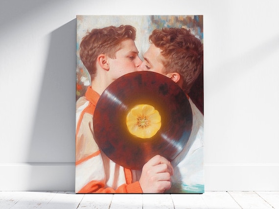 Digital oil painting musical kiss. Printing 40x30 cm, 80x60 cm, 100x75 cm and 120x90 cm. Canvas musical kiss. Gay art. queer
