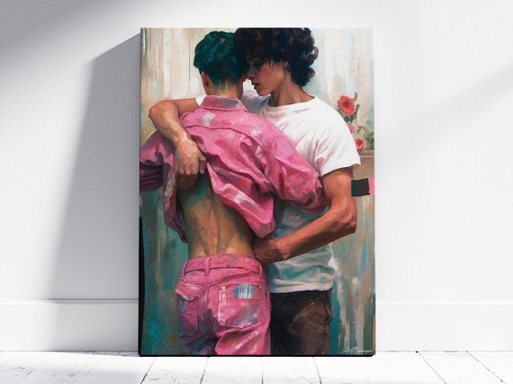 Digital oil painting passionate hug painting / canvas. Printing 40x30 cm, 80x60 cm, 100x75 cm and 120x90 cm. Canvas passionate hug. Gay art.