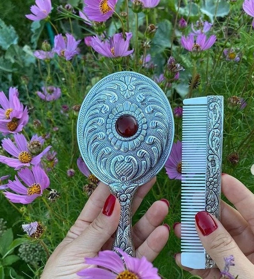 Silver Mirror and Comb Set, Silver Hand Mirror, Bride Hair Comb,gift