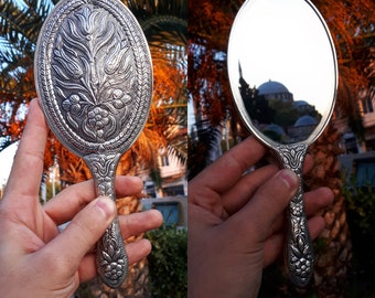 Cute Silver purse mirror, handbag mirror, vintage hand mirror, antique hand mirror, vanity mirror,birthday gift, gift for her