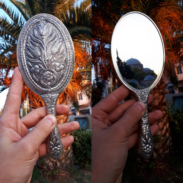 Cute Silver purse mirror, handbag mirror, vintage hand mirror, antique hand mirror, vanity mirror,birthday gift, gift for her