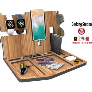 Wooden Docking Phone Charging Station Pad, Desk Organizer Stand Cutting File svg for keys, wallet, clock, apple watch image 2