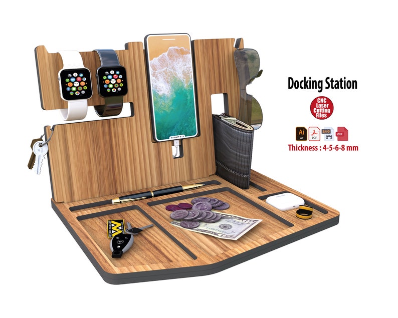 Wooden Docking Phone Charging Station Pad, Desk Organizer Stand Cutting File svg for keys, wallet, clock, apple watch image 2