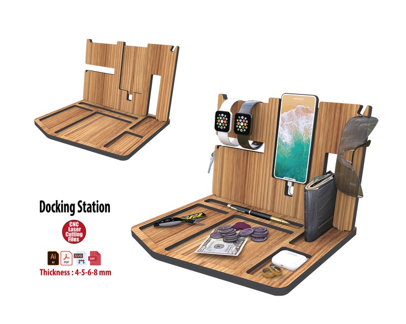 Wooden Docking Phone Charging Station Pad, Desk Organizer Stand Cutting File svg for keys, wallet, clock, apple watch image 4