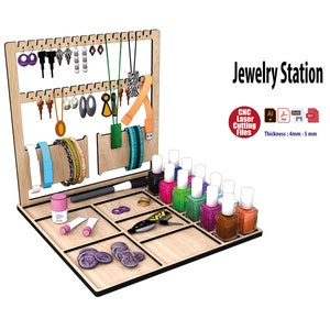Support de station d'accueil en bois pour bijoux, fichier de découpe pour organisateur de bureau svg pour boucle d'oreille, collier, bracelet, produits de beauté