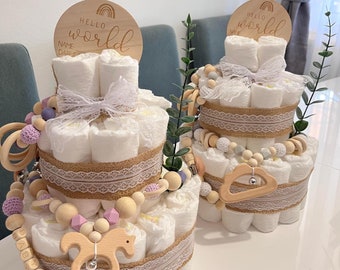 Diaper cake neutral- 3 Storey -Boho - Vintage - Gift for birth - Windeltorten - Baby shower - Beige