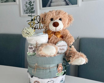 Torta di pannolini Foresta, animali del bosco, regali per bambini, Regalo per nascita, Baby Shower, Regali per bambini, Torta di pannolini Neutra, animali, foresta, torta di pannolini orsetto