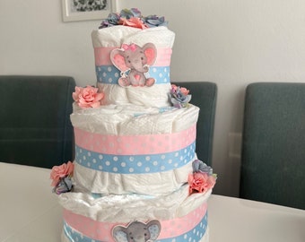 Elephant Diaper Cake, Gender Reveal, He or She, Little Peanut Elephant Safari Diaper Cake, Pink Blue Baby Shower, Wondel Cakes, Baby Party