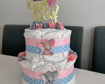 Elephant Diaper Cake, Gender Reveal, He or She, Little Peanut Elephant Safari Diaper Cake, Pink Blue Baby Shower, Wondel Cakes, Baby Party
