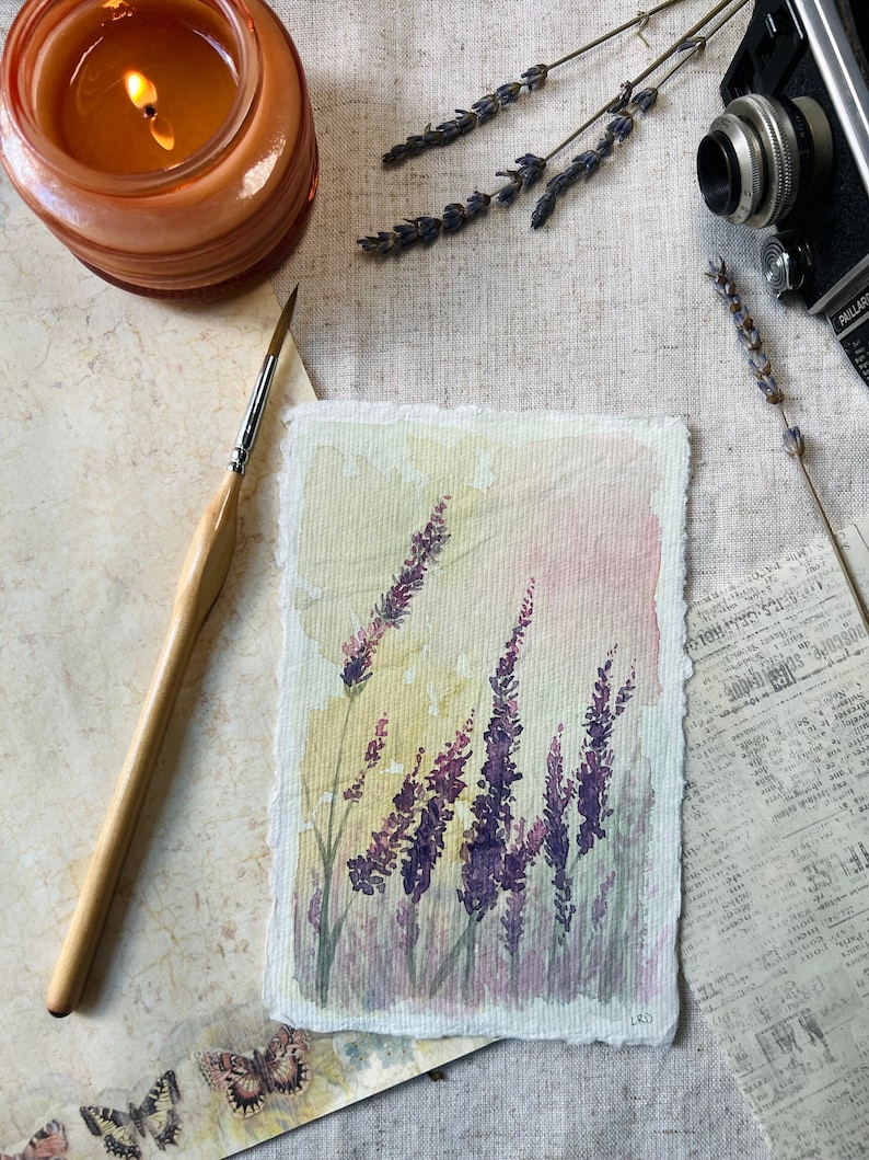 Lavender Flowers at Sunset Wall Art Original Watercolor Painting Cottagecore Farmhouse Vintage Rustic Home Decor Artwork image 1