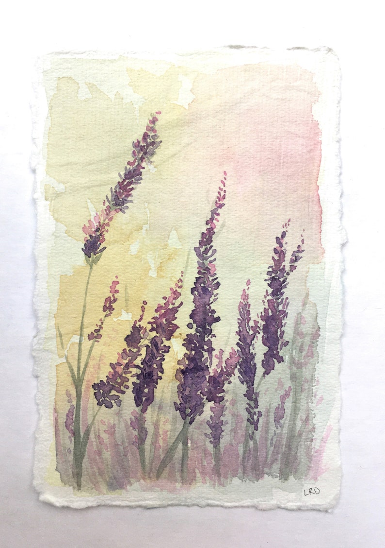 Lavender Flowers at Sunset Wall Art Original Watercolor Painting Cottagecore Farmhouse Vintage Rustic Home Decor Artwork image 3