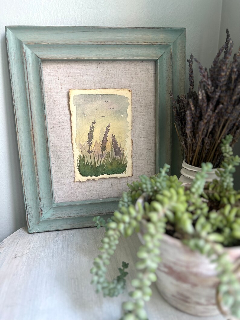 Lavender Flowers Landscape Wall Art Original Watercolor Painting Cottagecore Farmhouse Vintage Rustic Home Decor Artwork image 4