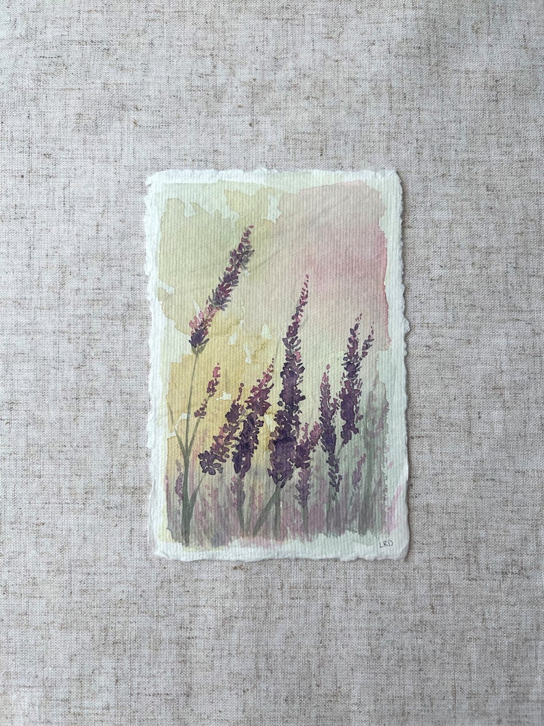 Lavender Flowers at Sunset Wall Art Original Watercolor Painting Cottagecore Farmhouse Vintage Rustic Home Decor Artwork image 2