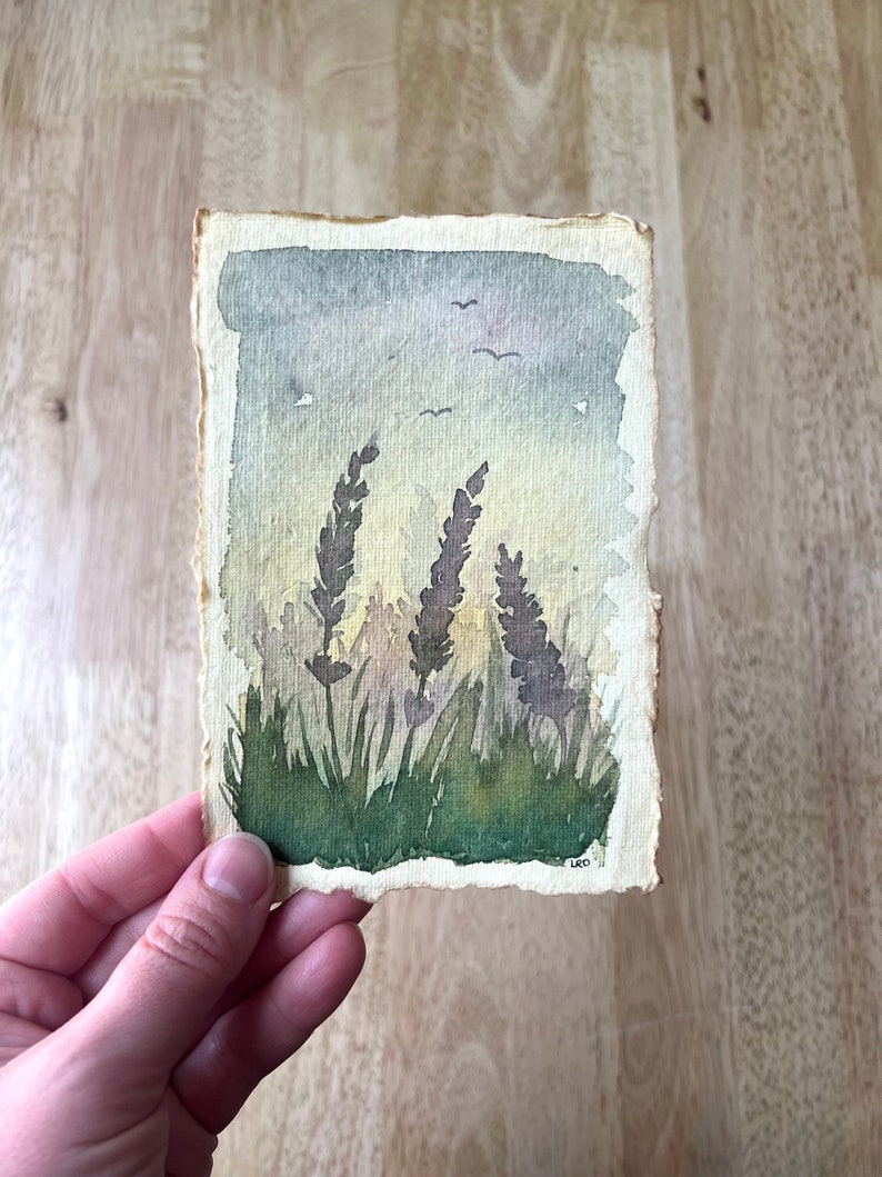 Lavender Flowers Landscape Wall Art Original Watercolor Painting Cottagecore Farmhouse Vintage Rustic Home Decor Artwork image 3