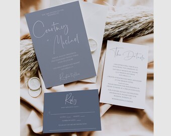 Dusty Blue and White Print Wedding Invitation Suite, Printable Powder Blue Minimalist Wedding Invite Template, RSVP and Details, BROOKLYN