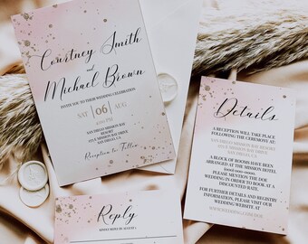 May include: A pink and gold wedding invitation suite with a watercolor background. The invitation features the couple's names, "Courtney Smith and Michael Brown", the date and time of the wedding, and the location. The RSVP card includes a section for guests to indicate their attendance and dietary restrictions. The details card provides information about the reception and the hotel block.