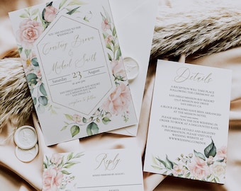Floral Blush Wedding Invitation Set, Printable Blush and Greenery Wedding Invite with RSVP and Details, EVELYN