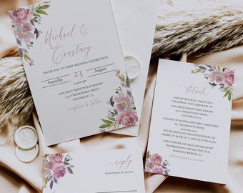 Mauve Wedding Invitation Set, Printable Dusty Pink Wedding Invite, RSVP and Details, ADELYN