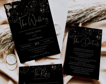 Black and Gold Wedding Invitation Set, Printable Black and Gold Glitter Invite Template, MIDNIGHT
