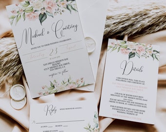 Blush Greenery Invitation Bundle, Pink and Green Rustic Wedding Invite, Blush Floral Wedding Invitation Template, Printable Invite, GRACE