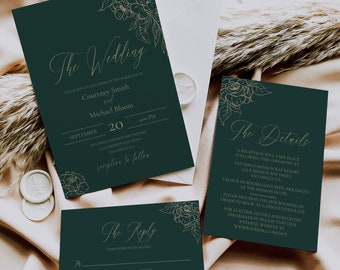 Emerald and Gold Floral Wedding Invitation Set, Printable Deep Green Wedding Invite Template, JORDAN