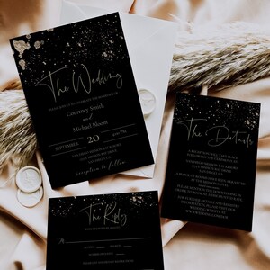 Black and Gold Wedding Invitation Set, Printable Black and Gold Glitter Invite Template, MIDNIGHT
