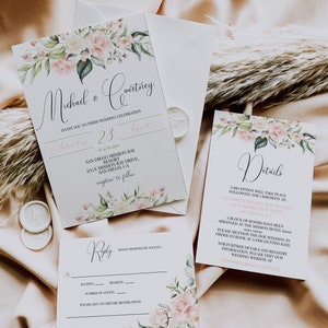 Blush Greenery Invitation Bundle, Pink and Green Rustic Wedding Invite, Blush Floral Wedding Invitation Template, Printable Invite, GRACE
