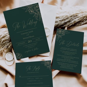 Emerald and Gold Floral Wedding Invitation Set, Printable Deep Green ...