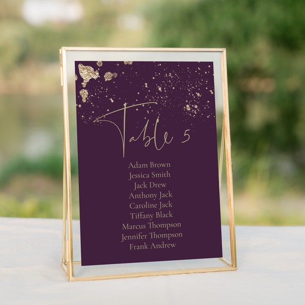 Deep Purple and Gold Table Number With Names, Dark Plum Wedding Table Number Template, MARGO