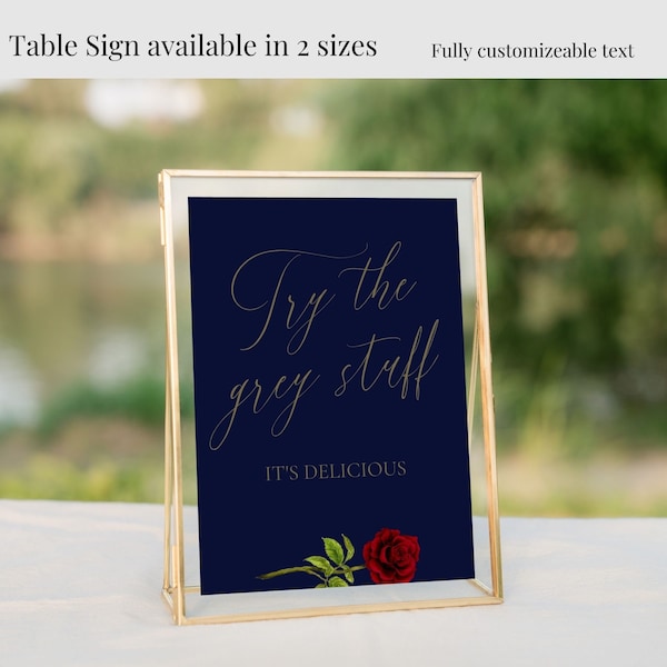 Beauty and The Beast Customizable Wedding Sign Template, Fairytale Wedding Bar Sign, Red Rose and Navy Sign, Try The Grey Stuff