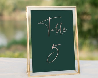 Emerald Green and Rose Gold Table Number Template, Printable Foil Table Number, Wedding