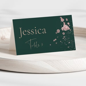 Emerald Green and Rose Gold Wedding Name Card Template, Deep Green and Pink Gold Glitter Printable Place Card, ASPEN