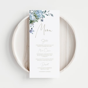 Plantilla de menú de boda floral azul polvoriento, menú de boda imprimible en azul claro y dorado, SOPHIA