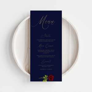 Modello per menu di nozze blu scuro La Bella e la Bestia, menu di nozze stampabile con rosa rossa, blu scuro e oro