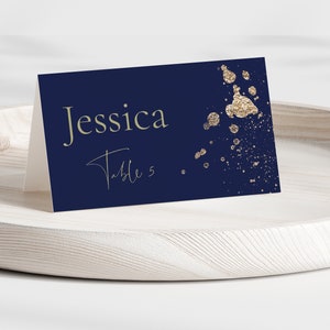 Modello per biglietto da visita per matrimonio in blu navy e oro, segnaposto stampabile blu scuro, INDIGO