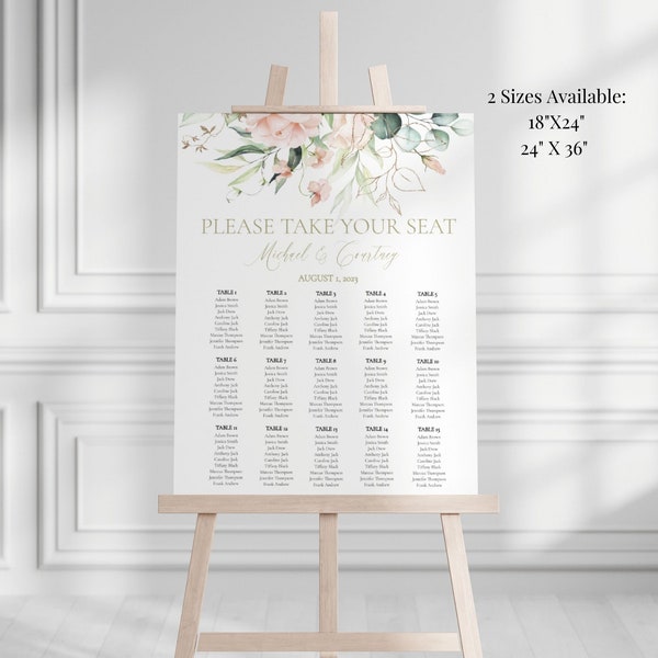 Blush Pink and Sage Wedding Seating Chart Template, Soft Pink and Greenery Printable Seating Chart, DELILAH