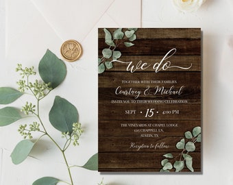 Rustic Dark Wooden Wedding Invitation Template, Greenery and Wood Printable Wedding Invite, EMILY