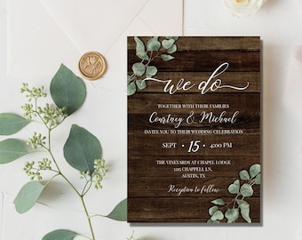 Rustic Dark Wooden Wedding Invitation Template, Greenery and Wood Printable Wedding Invite, EMILY