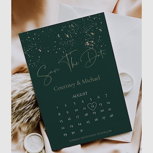 Smaragdgrün und Gold Save The Date Vorlage, Kalender Save The Date Printable, ASPEN