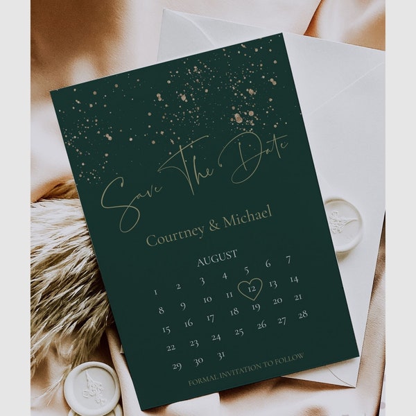 Emerald Green and Gold Save The Date Template, Calendar Save The Date Printable, ASPEN