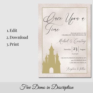 K&ouml;nnte beinhalten: Eine druckbare Hochzeitseinladung mit einer goldenen Schlosssilhouette und dem Text "Es war einmal" in einer kursivschriftlichen Schriftart. Die Einladung ist f&uuml;r die Hochzeit von Michael und Courtney am Samstag, den 23. August um 16:00 Uhr im Grand Floridian Resort & Spa. Die Einladung enth&auml;lt auch den Text "Empfang im Anschluss".