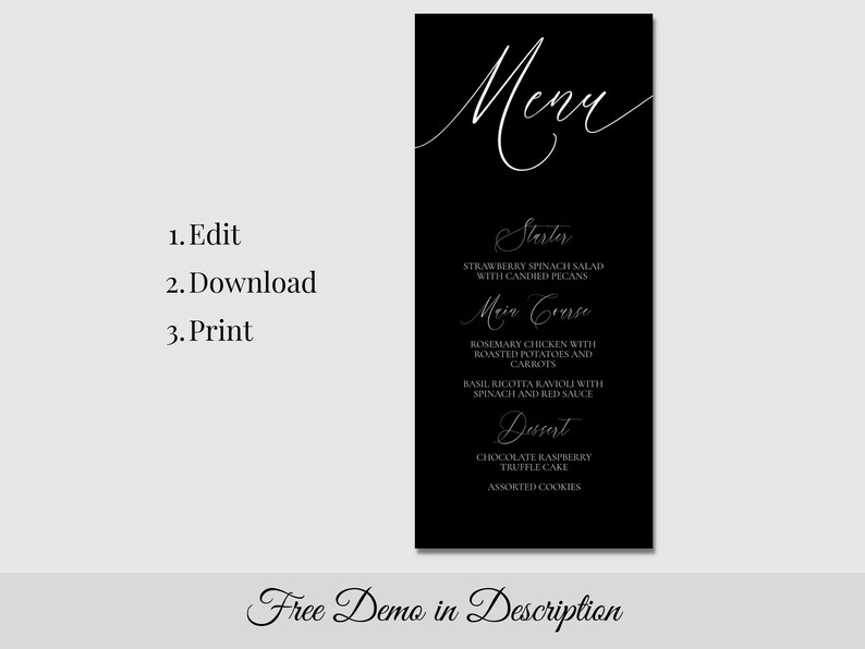 Black and White Wedding Menu Template, Minimalist Formal Printable ...