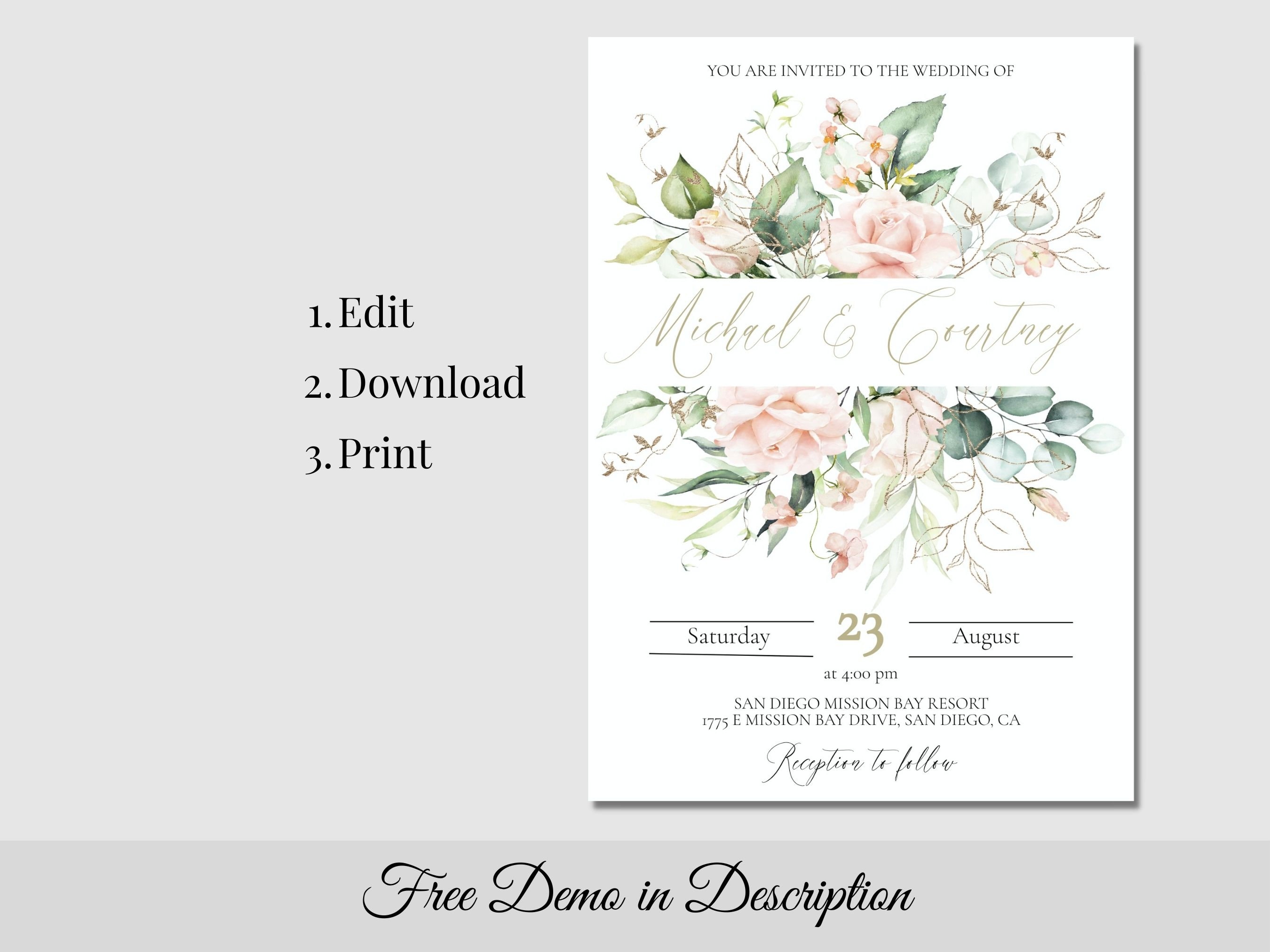 Blush Pink and Sage Wedding Invitation Set, Printable Rustic Blush and ...