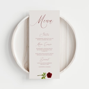 Plantilla de menú de boda de La Bella y la Bestia, menú de boda de rosa roja imprimible, rosa encantada